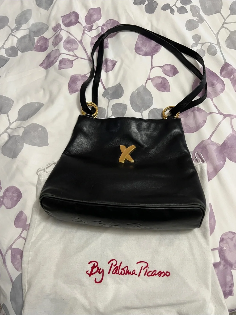 Paloma Picasso Black Leather Shoulder Bag with Gold Accent X Logo